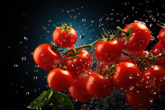 Pomodori freschi galleggianti con spruzzi d'acqua su sfondo luminoso