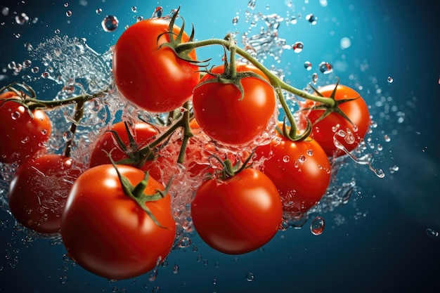 Pomodori freschi galleggianti con spruzzi d'acqua su sfondo luminoso