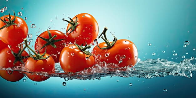 Pomodori freschi galleggianti con spruzzi d'acqua su sfondo luminoso