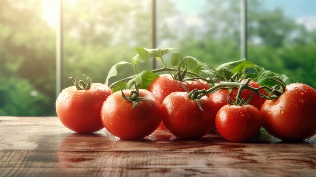 Pomodori freschi sulla tavola di legno con sfondo naturale