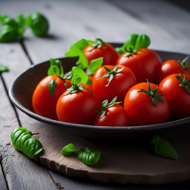 Pomodori in un piatto su un fondo di legno