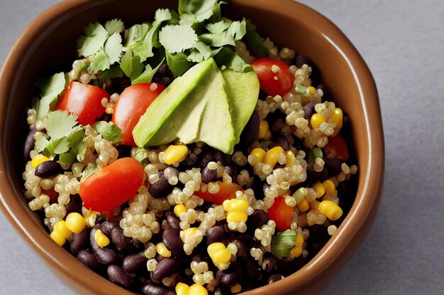 Pomodori luminosi e pezzi nutrienti di avocado in insalata di quinoa