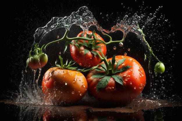 Pomodori maturi e freschi adagiati su uno sfondo scuro e cosparsi d'acqua