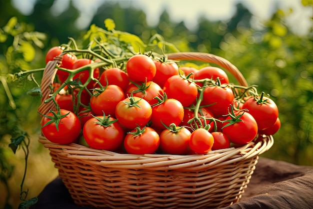 Pomodori maturi in un cesto di vimini sullo sfondo del giardino Cesto con un nuovo raccolto di pomodori maturi in una piantagione Generato dall'intelligenza artificiale