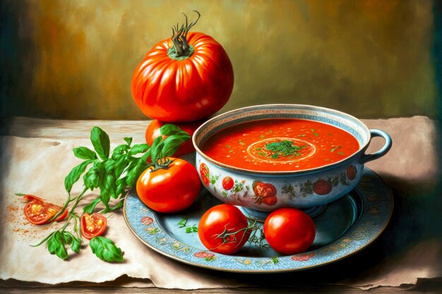 Pomodori maturi luminosi e piatto di zuppa di gazpacho spagnolo rosso