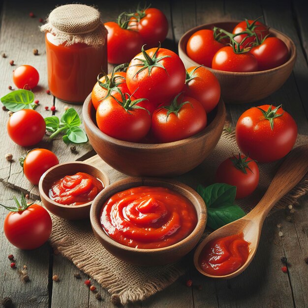 Pomodori nel loro succo o pasta di pomodoro in una ciotola di legno e pomodori freschi