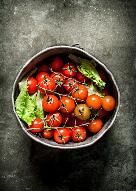 Pomodori nella vecchia pentola. Tavolo in pietra bagnata.