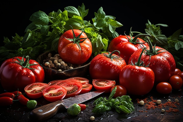 Pomodori pieni e a metà e vicino al coltello sulla superficie nera