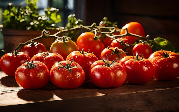 Pomodori raccolti artisticamente visualizzati su legno stagionato