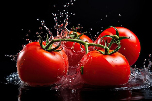 pomodori rossi freschi che spruzzano acqua colorata