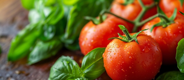 Pomodori rossi freschi e succosi con foglie verdi vivaci in mostra