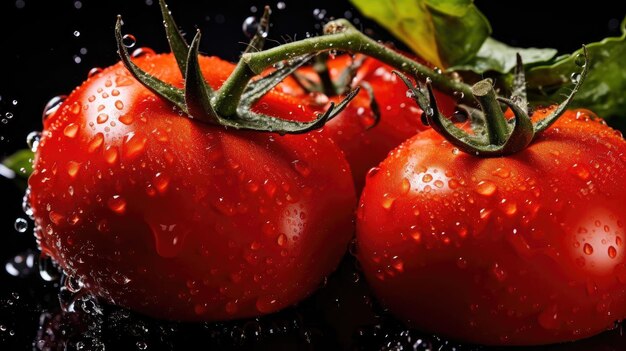 Pomodori rossi freschi spruzzati con acqua su sfondo nero e sfocato