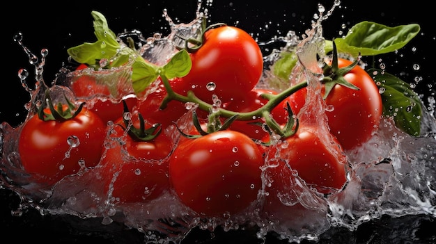 Pomodori rossi freschi spruzzati con acqua su sfondo nero e sfocato