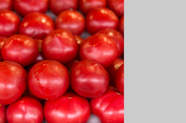 Pomodori rossi maturi e succosi sul bancone Primo piano Cibo sano vegetarismo e vitamine Spazio per il testo su sfondo grigio chiaro