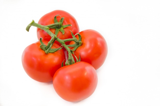 Pomodori su un ramo isolato su sfondo bianco.