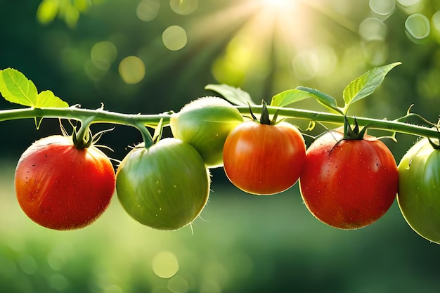 Pomodori su una vite con foglie verdi