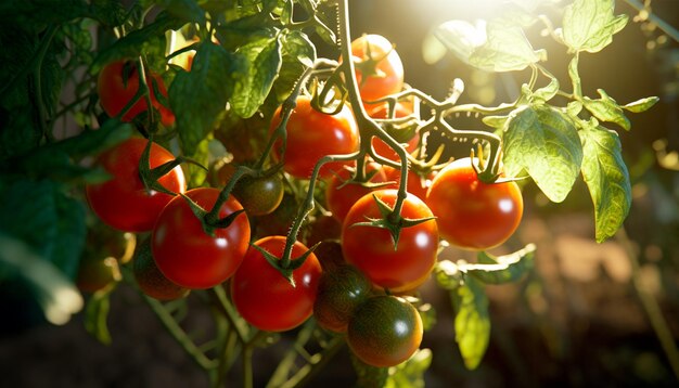 Pomodori su una vite con il sole che splende su di loro