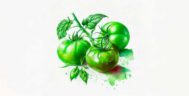 Pomodori verdi. Acquerello su sfondo di carta bianca. Illustrazione di verdure e verdure