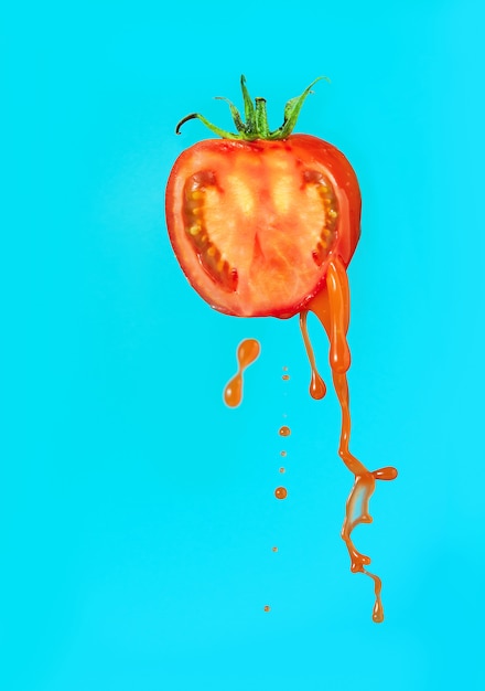 Pomodoro con succo di pomodoro o ketchup su sfondo blu