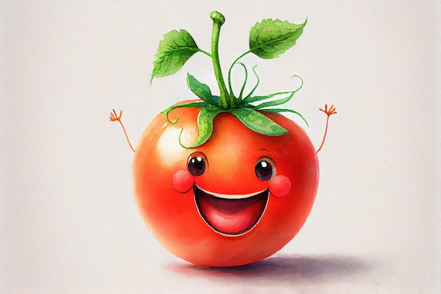 Pomodoro divertente dipinto con colori ad acqua allegro con una faccia