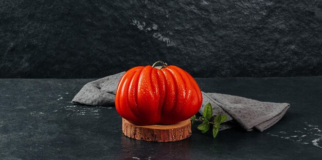 Pomodoro fresco Raf Coeur De Boeuf con origano su fondo grigio