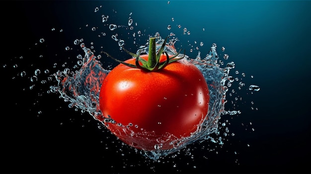 Pomodoro in acqua con uno sfondo blu