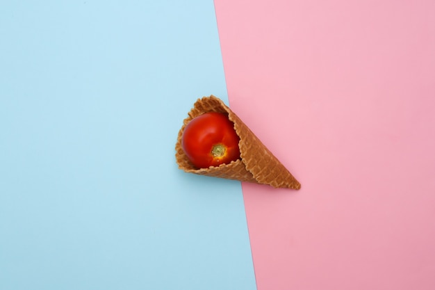 Pomodoro in cono di cialda gelato su sfondo pastello blu rosa.