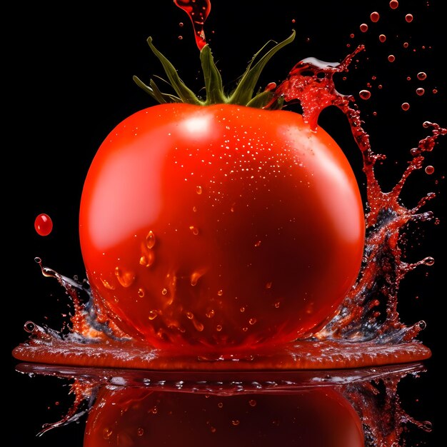 Pomodoro incredibile con spruzzi d'acqua e gocce ai generati generativi isolati