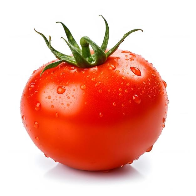 Pomodoro isolato con gocce d'acqua Pomodoro su sfondo bianco con tutta la profondità di campo