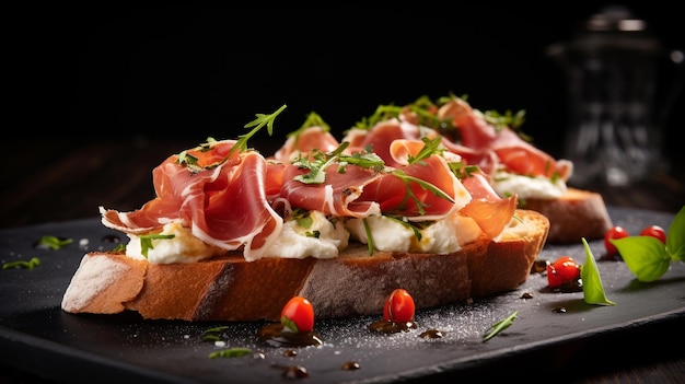 Pomodoro italiano prosciutto jamon prosciutto e formaggio bruschetta antipasti di tapas con trito di verdure erbe e olio su ciabatta grigliata e baguette