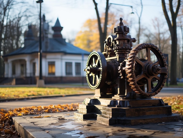 Pompa d'acqua d'epoca in un moderno tema di viaggio in un parco urbano