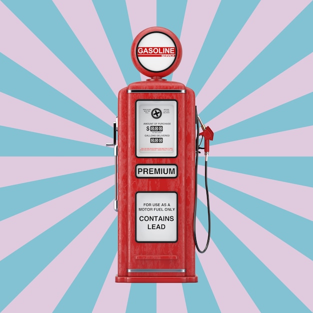 Pompa di benzina retrò rossa su sfondo rosa e blu a forma di stella vintage. Rendering 3D