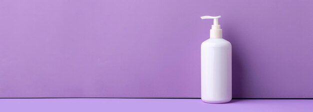 Pompa per lo shampoo in una bottiglia bianca con sfondo viola