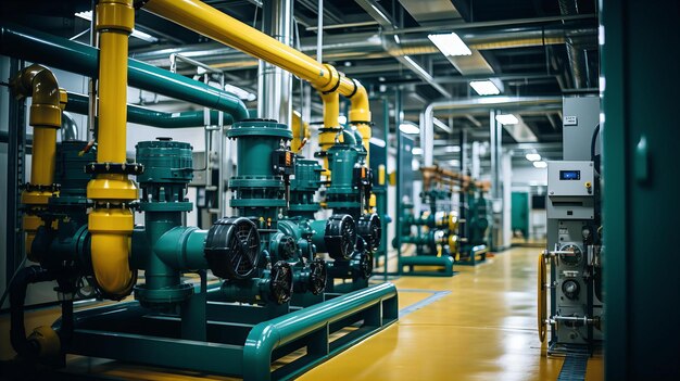 Pompe e tubi industriali in un ambiente di fabbrica moderno con attrezzature tecnologiche