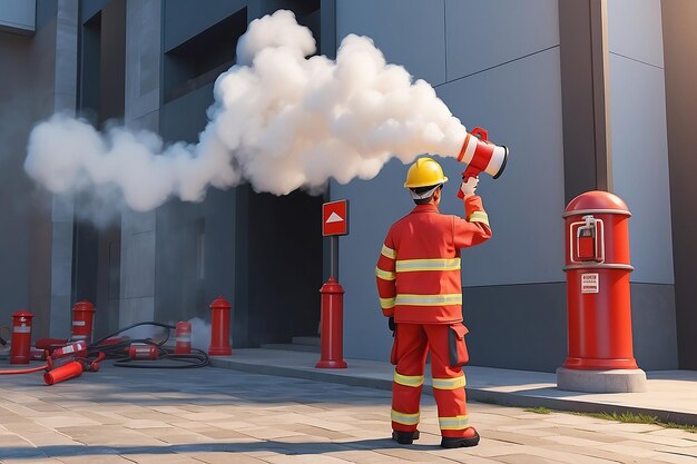 Pompiere con megafono annuncia incendio allarme di evacuazione di emergenza allarme edificio occupante personaggi