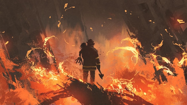 pompiere con ragazza in piedi in edifici in fiamme, stile arte digitale, pittura illustrativa