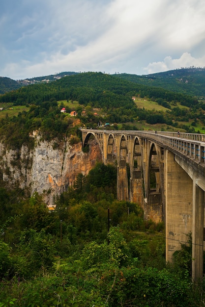 Ponte ad arco in cemento Durdevitsa-Tara attraverso il canyon del fiume profondo di Tara in Montenegro.