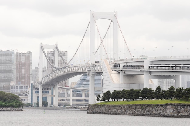 Ponte arcobaleno visto dalla costa di Odaiba con parte dello skyline di Tokyo sullo sfondo