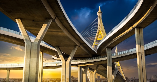 Ponte Bhomibol a Bangkok Thailandia sull'ora del tramonto sul paesaggio urbano