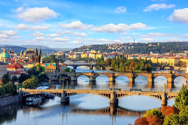 Ponte Carlo e altri ponti di Praga sul fiume Moldava, splendida vista estiva.