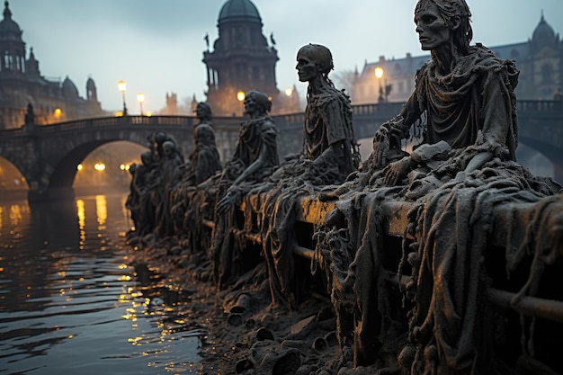 Ponte Carlos a Praga fiancheggiato da statue barocche generative IA