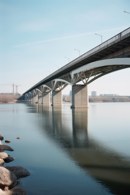 Ponte che attraversa il fiume su edifici creati utilizzando la tecnologia generativa dell'IA