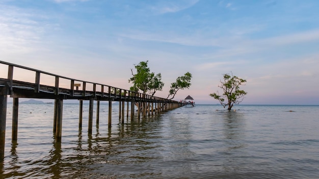 Ponte di legno lungo al mare, bella vista del paesaggio a Kohmak Tailandia.