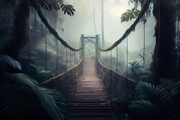 Ponte di legno nella giungla con nebbia generativa ai