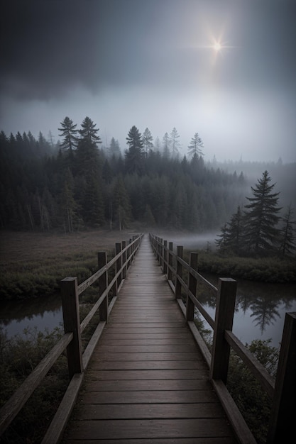 Ponte di legno nella pineta nebbiosa