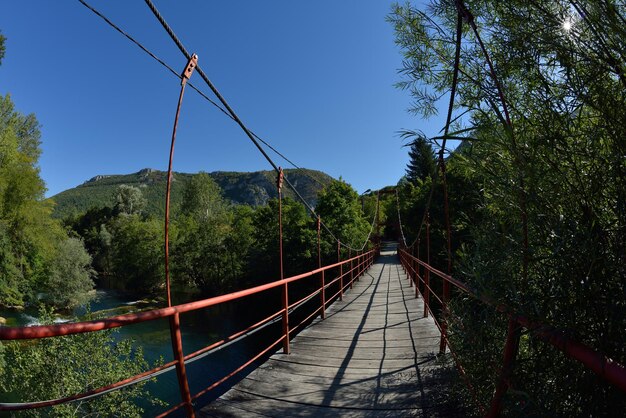 ponte di legno rosso sul fiume selvaggio nella splendida natura in estate