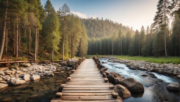 ponte di legno su un fiume roccioso con una bella foresta di pini sullo sfondo