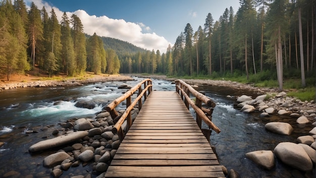 ponte di legno su un fiume roccioso con una bella foresta di pini sullo sfondo