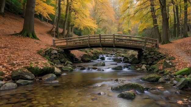 Ponte di legno su un tranquillo ruscello della foresta