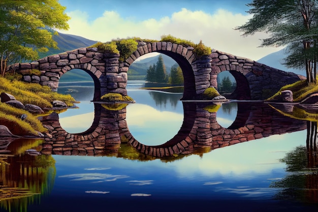 Ponte di pietra su un lago sereno con riflessi del cielo visibili sull'acqua